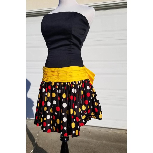 Vintage 1980's Victor Costa Black Yellow Polka Dot Strapless Dress With Bow - Picture 8 of 8